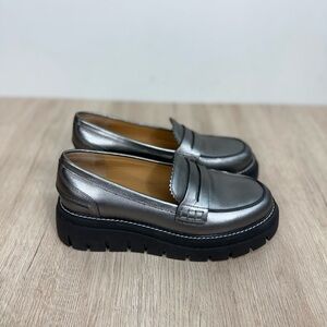 J/SLIDES NYC Tyler Leather Platform Loafers Metallic Gray Chunky Sole Sz 8 New